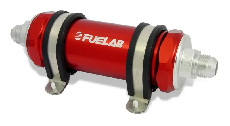 Fuelab 828 In-Line Fuel Filter Long -8AN In/Out 10 Micron Fabric - Red High Quality