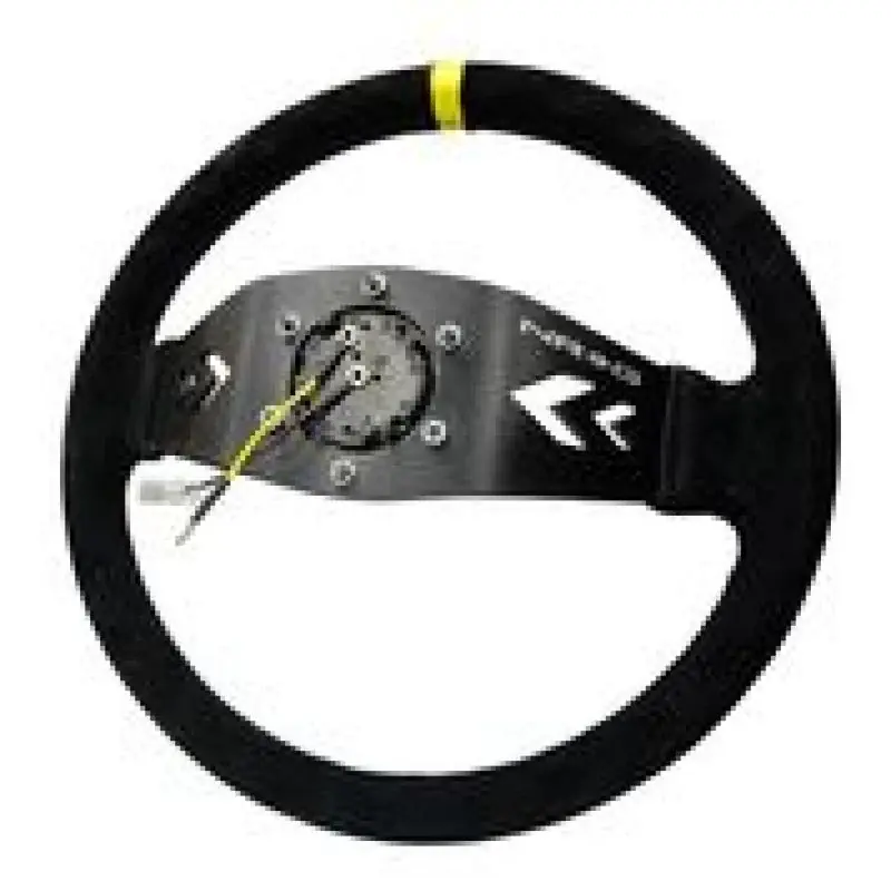 Seasonal Sale NRG Reinforced Steering Wheel (350mm / 3in. Deep) Blk Suede w/NRG Arrow Cut 2-Spoke & Yellow Mark