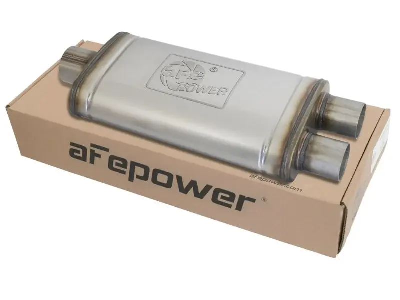 aFe MACHForce XP SS Muffler 3in Center Inlet / 2.5in Dual Outlets 18in L x 9in W x4in H Body Holiday Sale