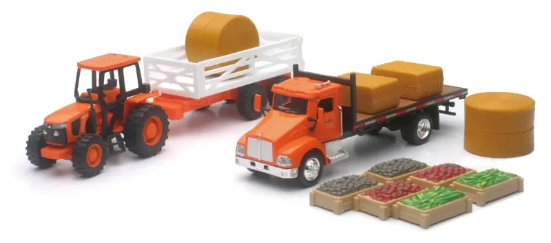 Genuine New Ray Toys Kubota Farm Tractor Play Set with Truck, Trailer, Crates and Haybales/ Scale - 1:32
