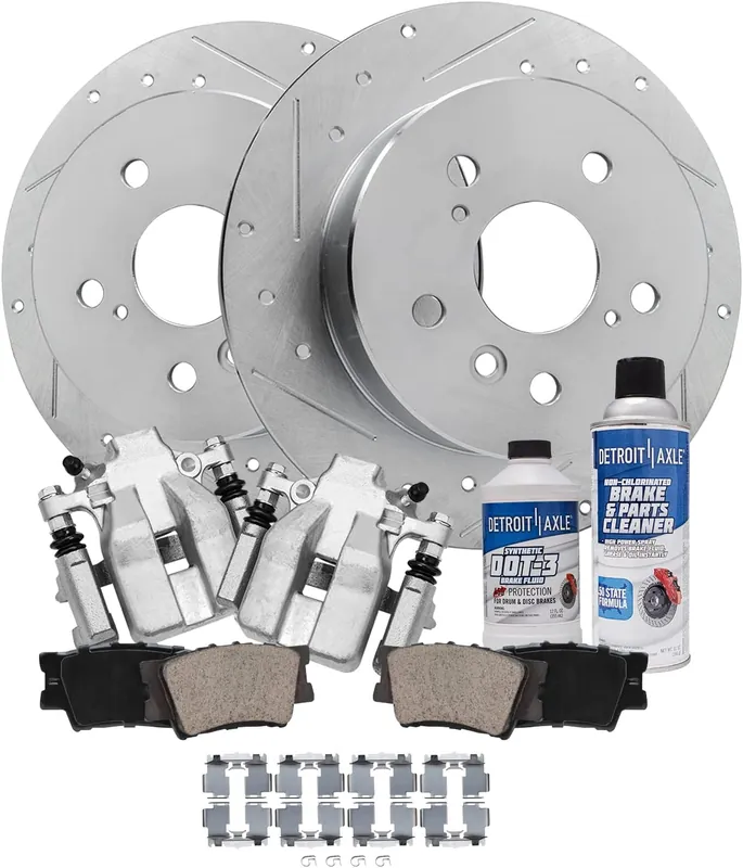 Fresh Stock 8pc Rear Drilled Slotted Rotors Calipers Ceramic Brake Pads Kit